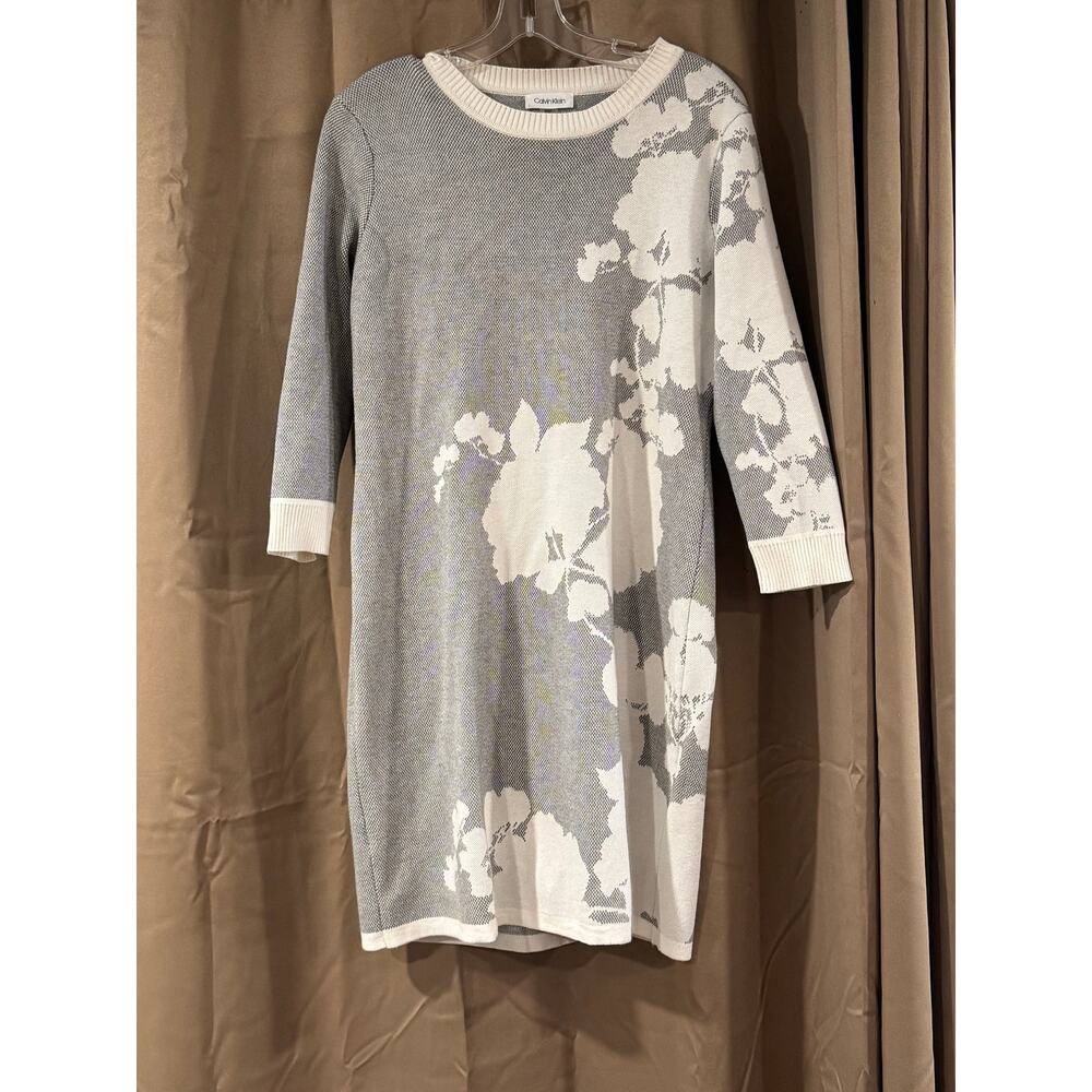 Calvin Klein Gray White Floral Knit Sweater Dress Large